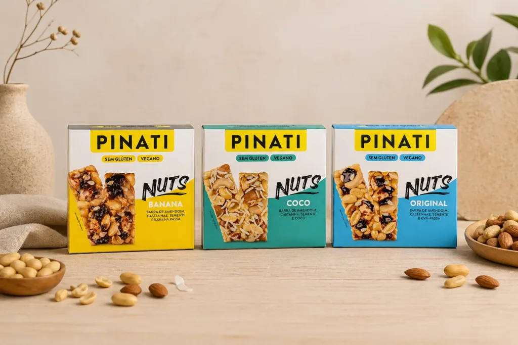 Barras de nuts Pinati nos sabores Original, Banana, Coco e Zero lado a lado
