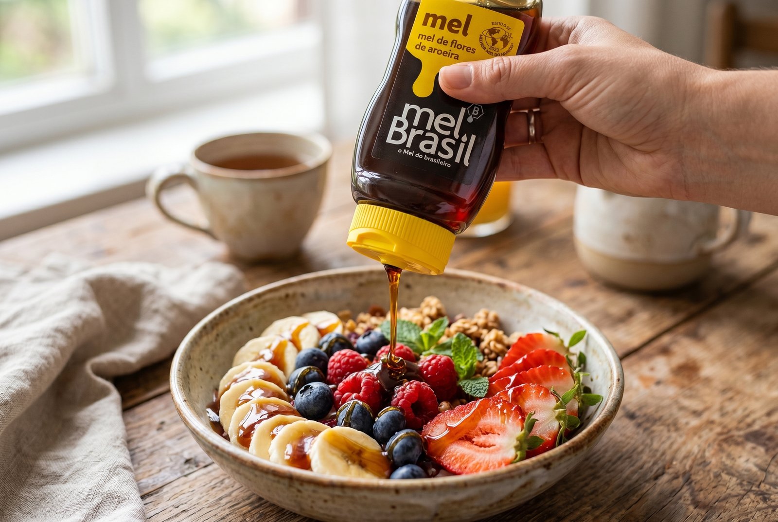 Mel de aroeira sendo servido sobre frutas com embalagem squeeze prática