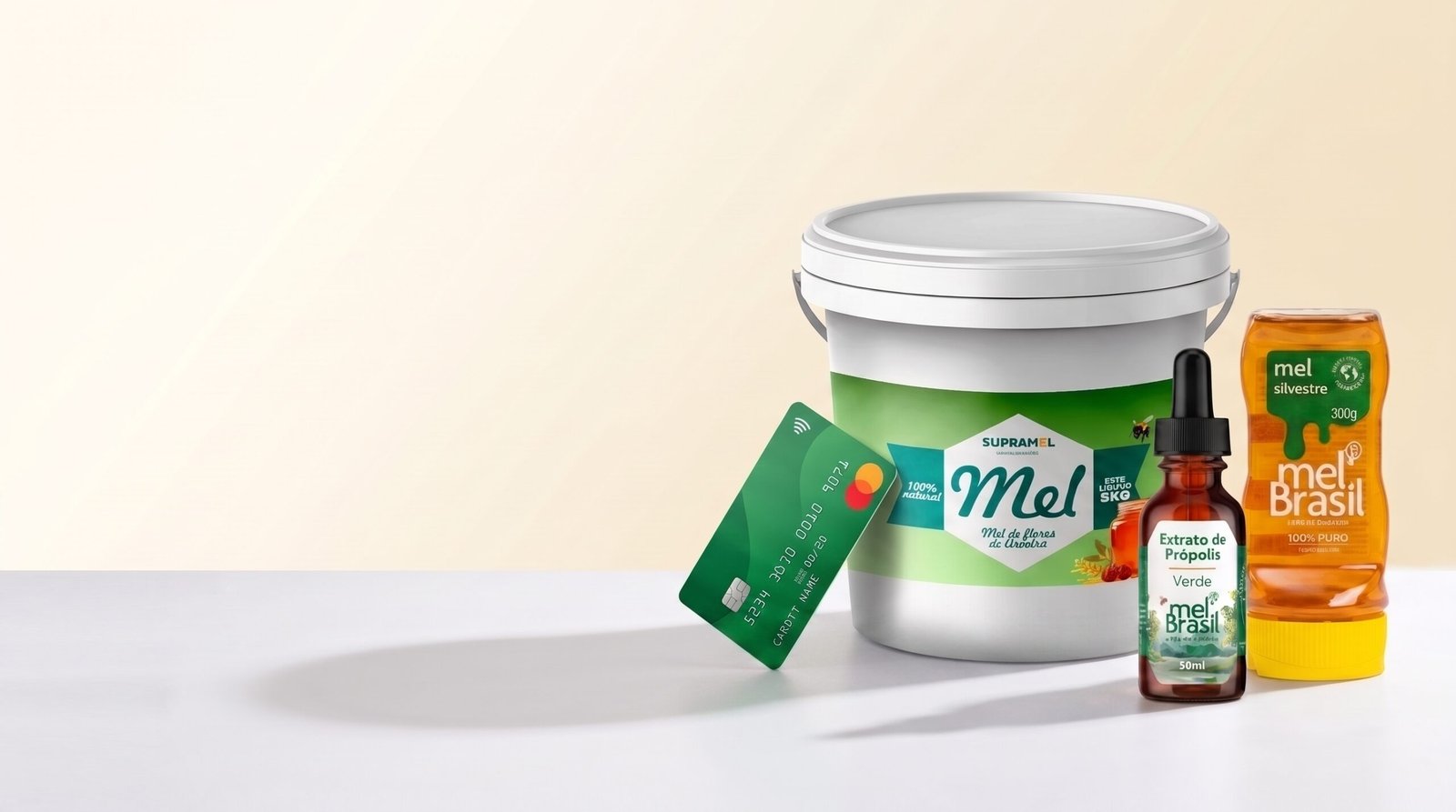 Balde de mel, extrato de própolis e squeeze de mel silvestre com cartão de crédito