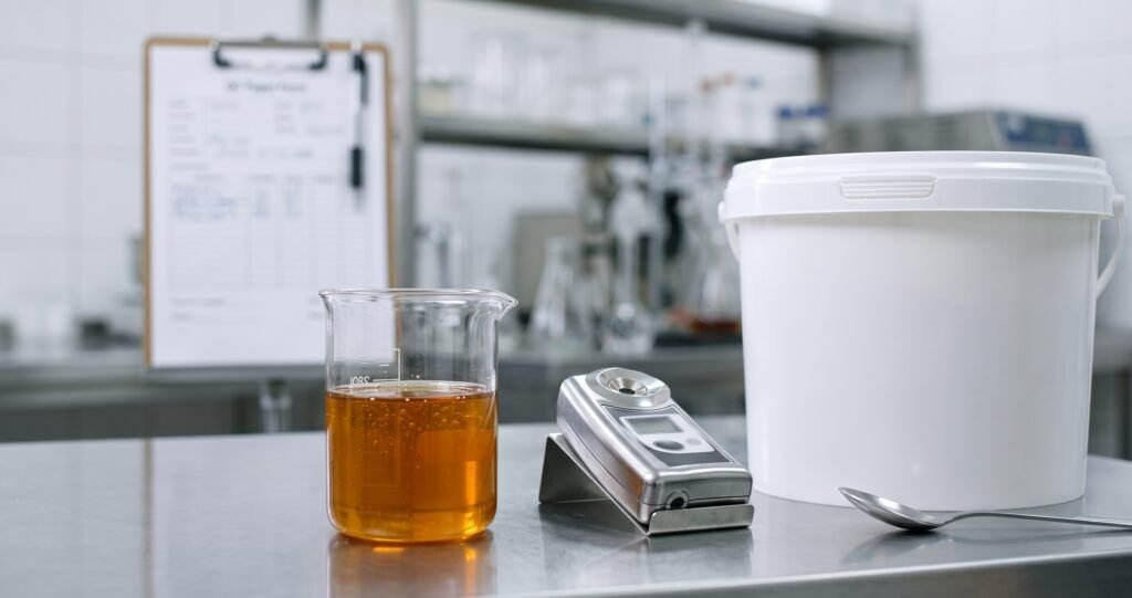 Bancada de laboratório com amostra de mel em béquer, refratômetro digital e balde de mel para análise de qualidade