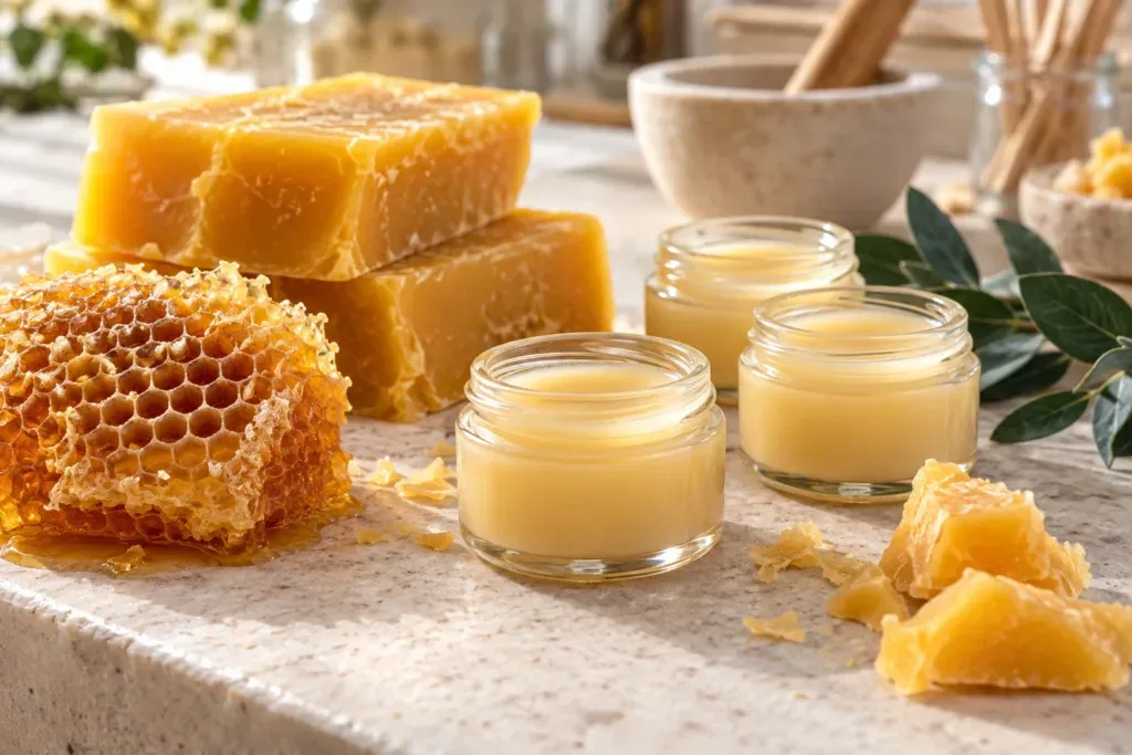 Blocos de cera de abelha dourada ao lado de um favo e de pequenos potes de vidro com bálsamo sobre uma bancada clara