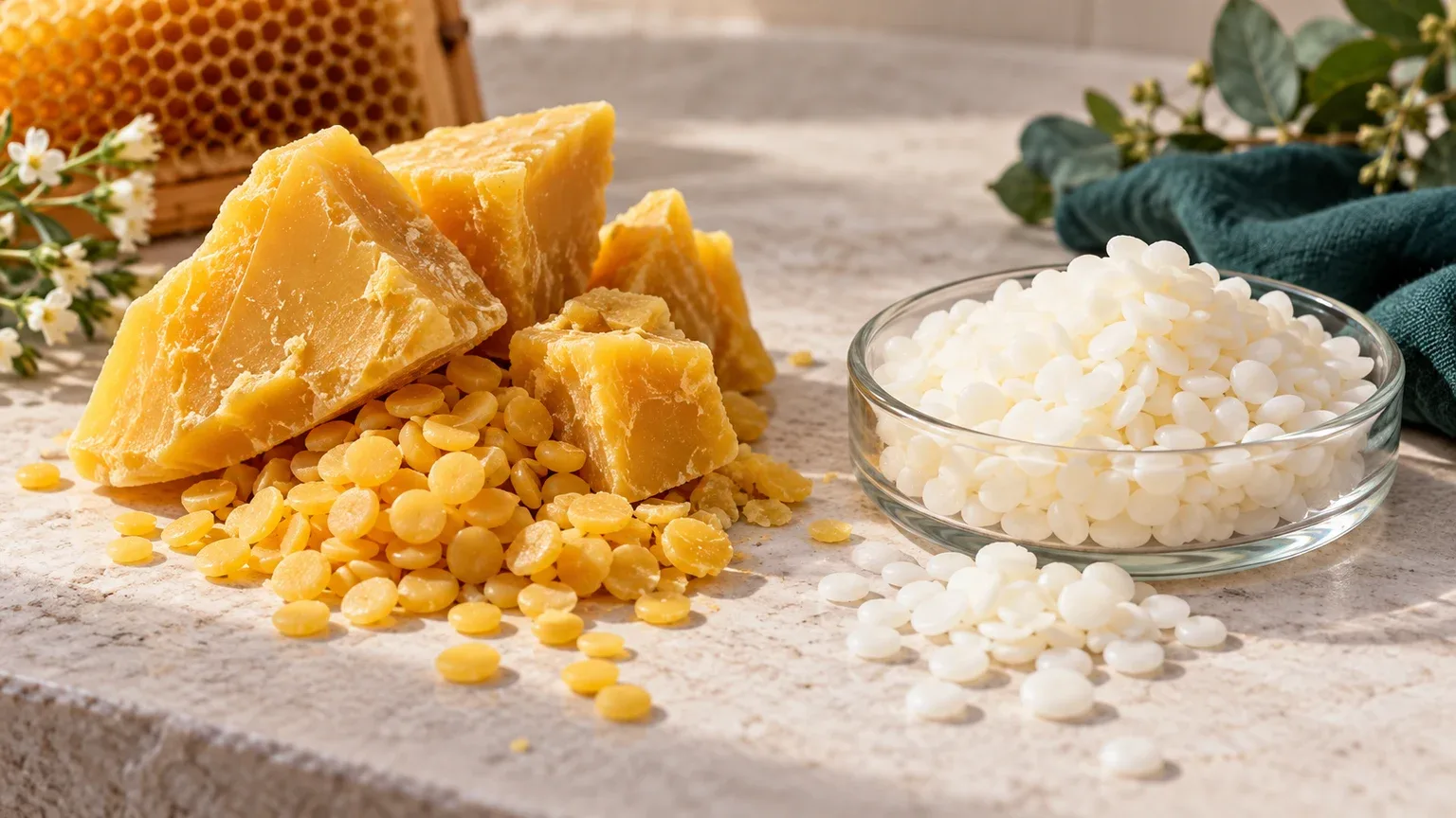 Blocos de cera de abelha amarela e lascas de cera branca lado a lado sobre uma bancada