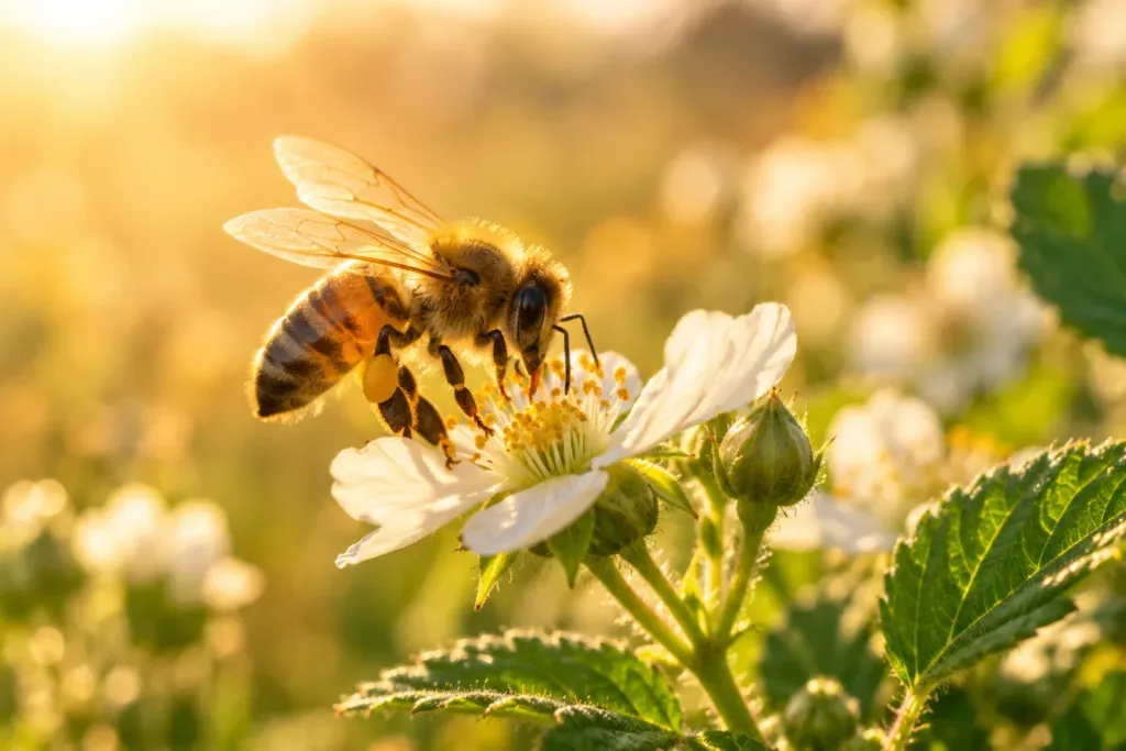 Abelha pousada numa flor branca recolhendo néctar, com o fundo desfocado em tons dourados