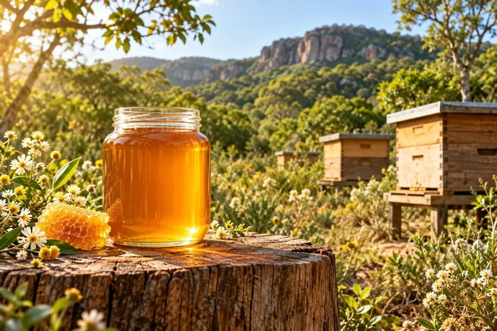Colmeias de madeira em clareira de mata nativa florida, com mel âmbar em um pote de vidro sem rótulo em primeiro plano
