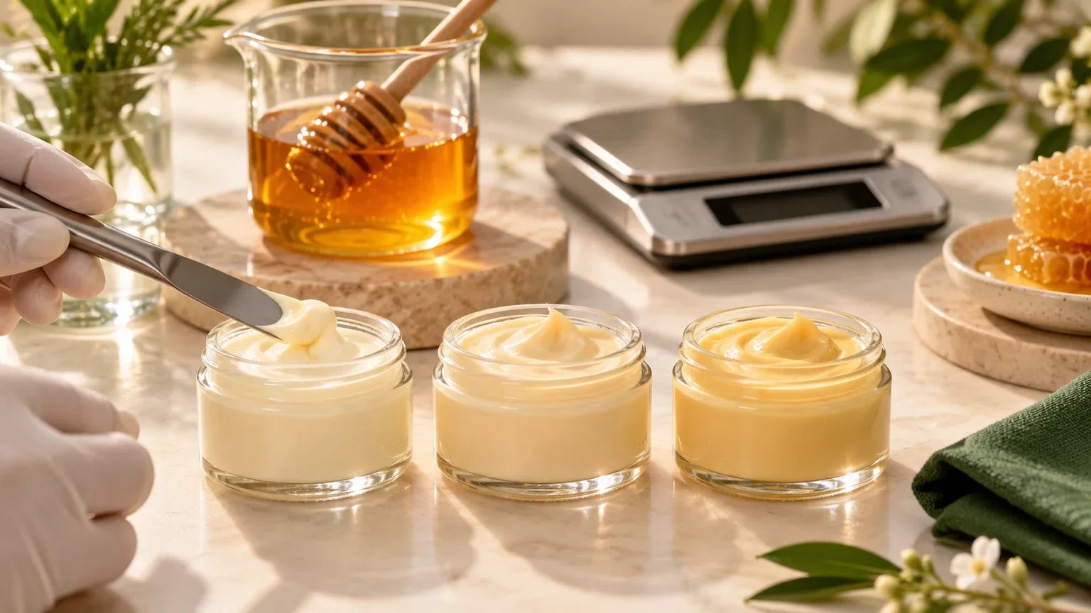 Bancada de laboratório de cosméticos com béquer de mel e potes de creme sem rótulo
