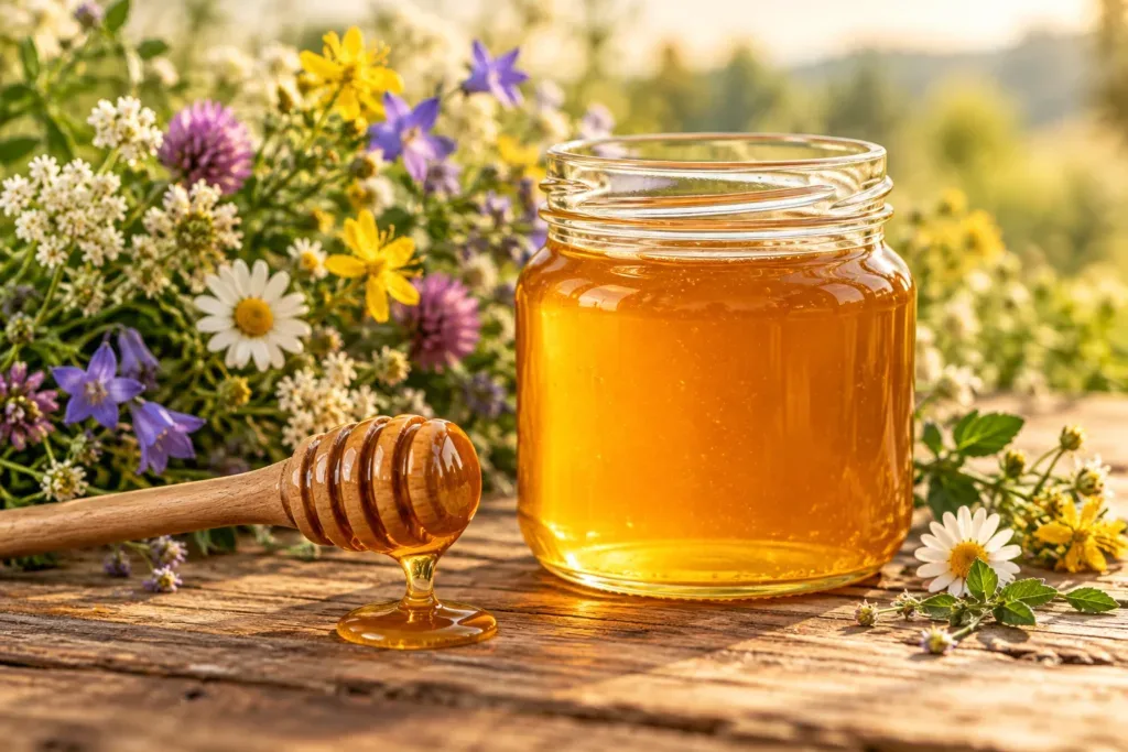 Pote de vidro com mel silvestre dourado sobre mesa de madeira, com flores do campo variadas ao fundo