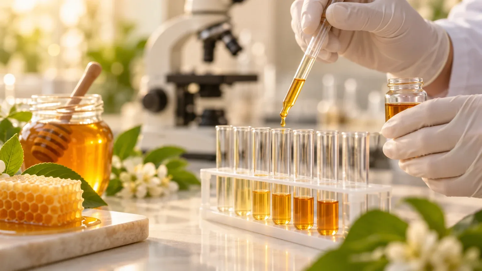Técnica de laboratório pipetando amostra de mel para análise isotópica