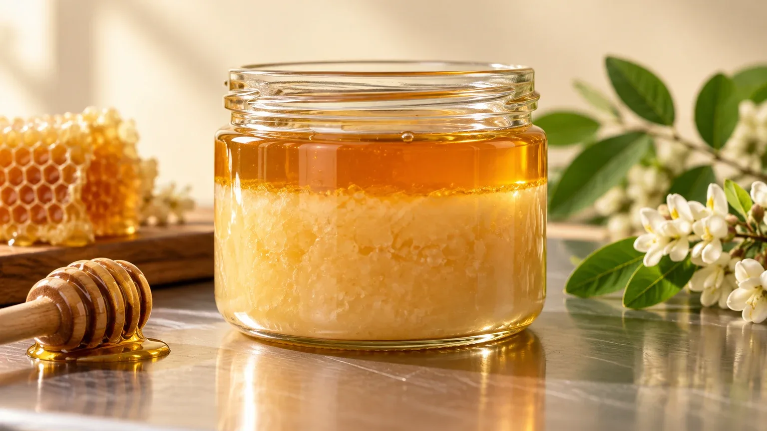 Corte de balde de mel cristalizado com uma fina camada líquida mais escura na superfície